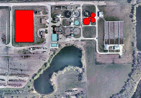 An annotated aerial view of the facility in 2005