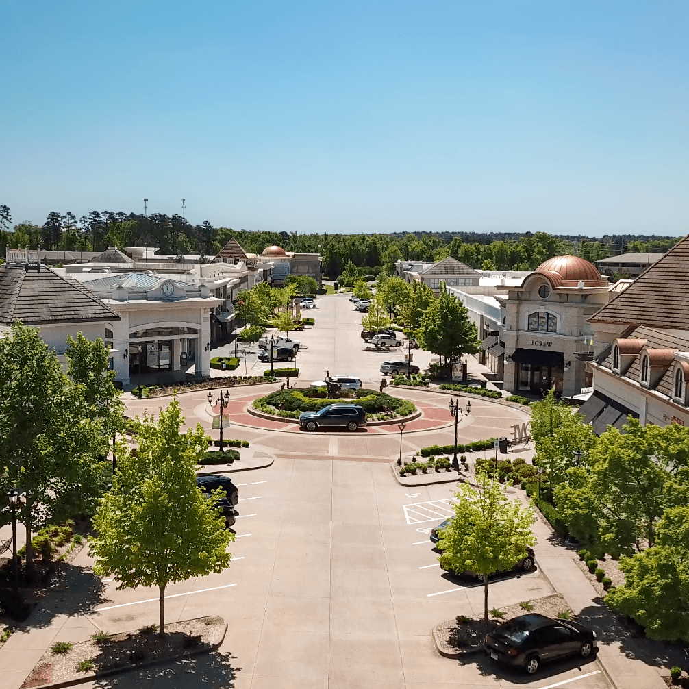 birdseye view on a beautiful sunny day of the promenade shopping center in Chenal - West Little Rock