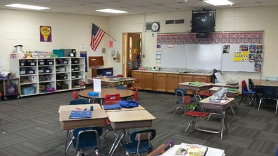 A classroom filled with lots of desks and chairs