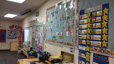 A classroom filled with lots of desks and chairs