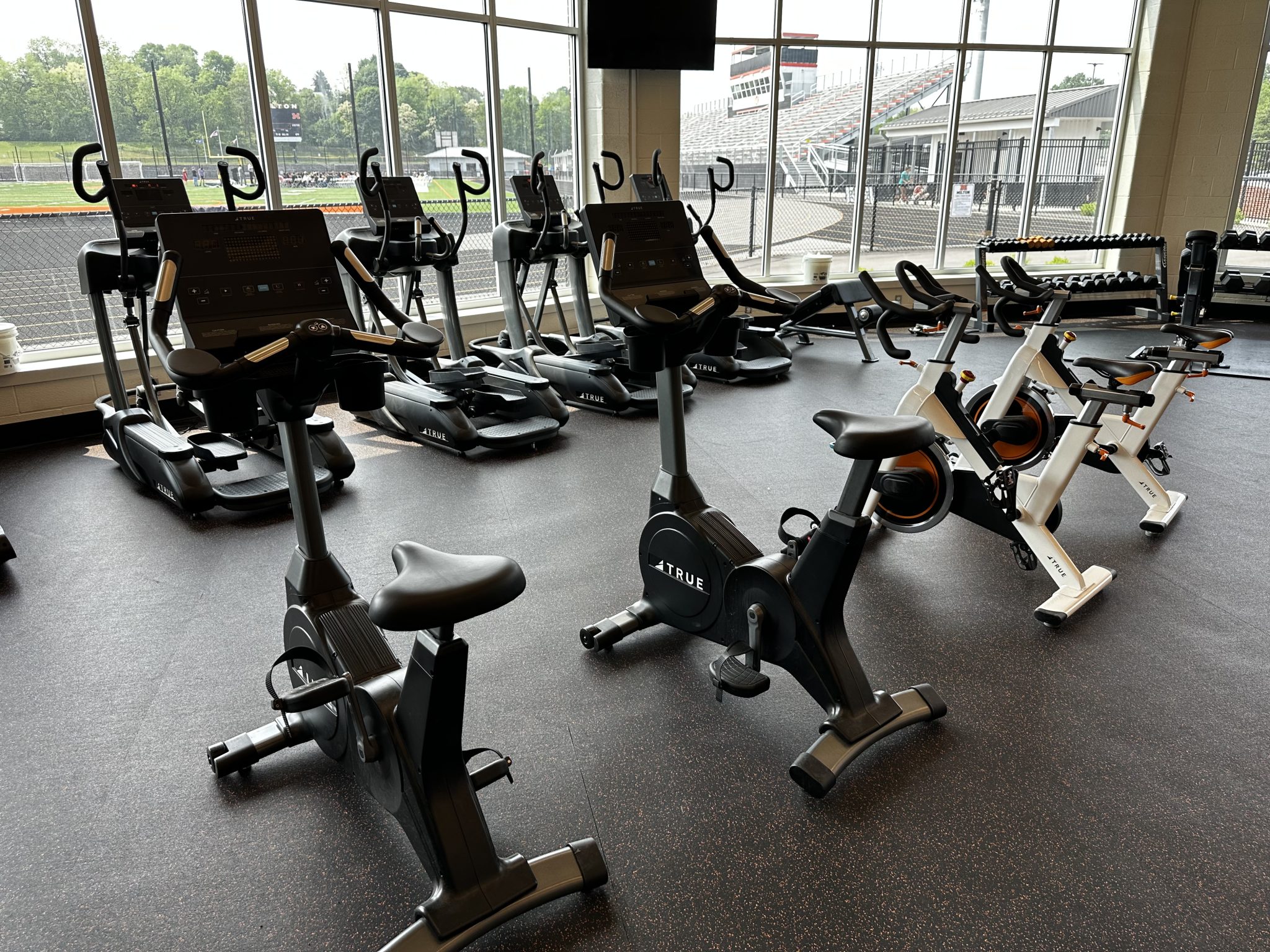 A spacious gym filled with numerous exercise bikes and treadmills, inviting fitness enthusiasts to work out.