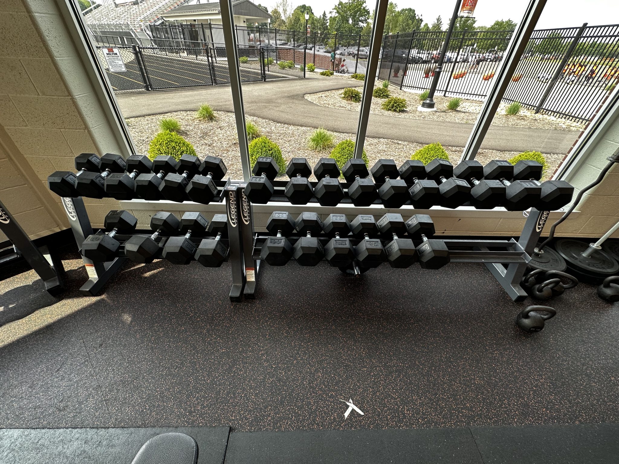 A bright gym room featuring a row of colorful dumbbells lined up next to a large window letting in natural light.