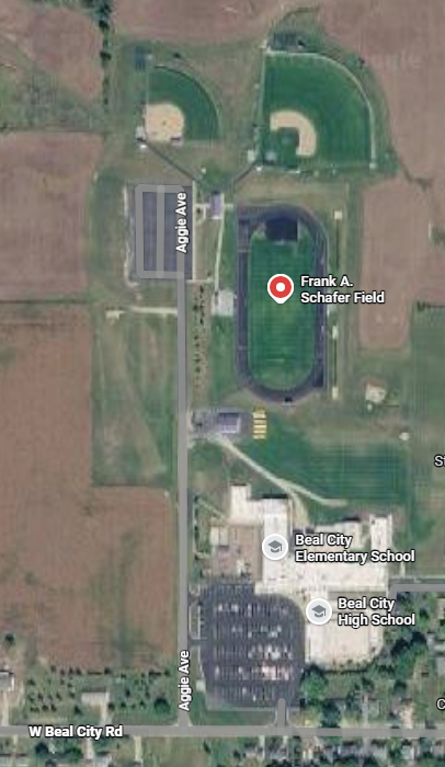 Aerial View of Beal City Public Schools, including athletic complex