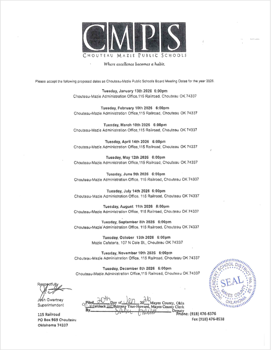 2026 Board Meeting Dates, Amended & Approved by Mayes County 