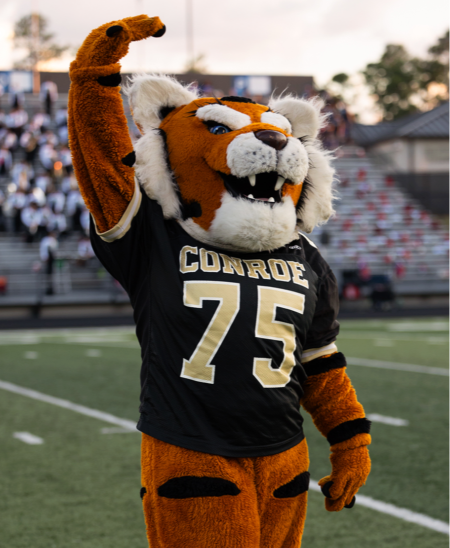 Conroe Tiger mascot in black uniform with gold numbers.