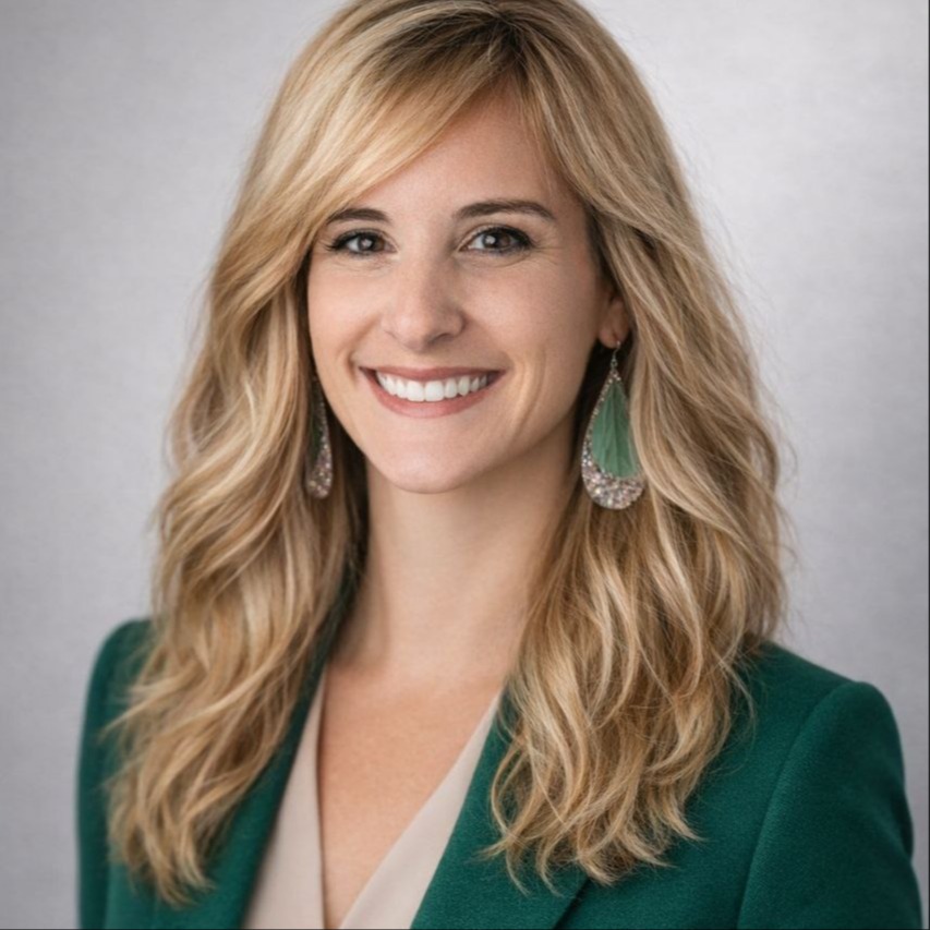 Head shot picture of Tara Crowson, Elementary Math specialist . She is wearing a emerald green blazer and white button down shirt. She has long blonde hair and hazel eyes