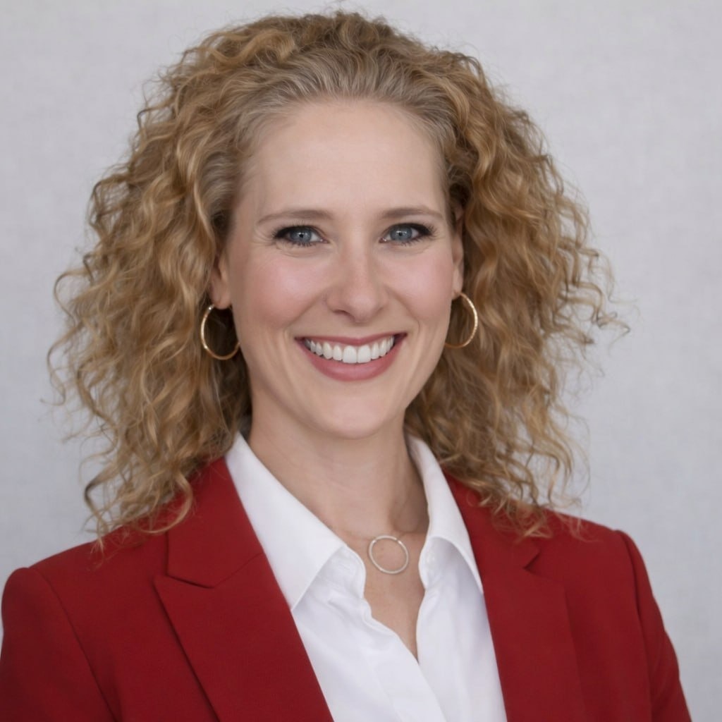 Head shot of Dana Schultz, Elementary Math District Instructional coach. She is wearnig a red blazer and a white v neck shirt. She has blonde curly hair and blue eyes.