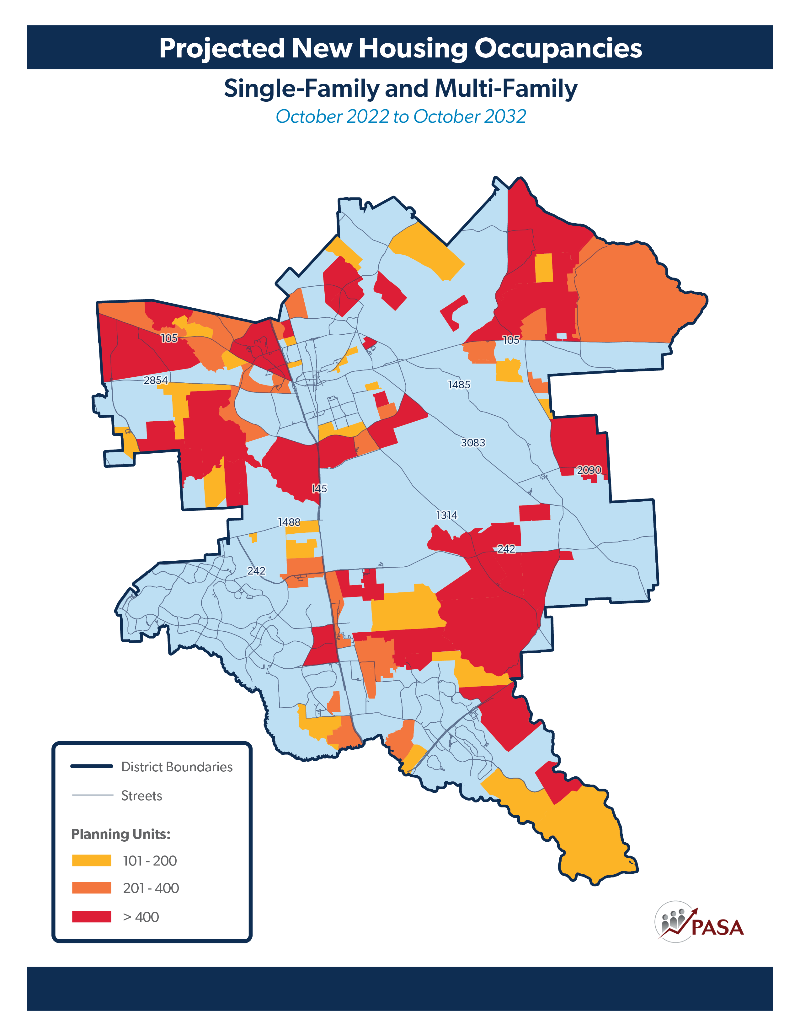 Map titled Projected New Housing Occupancies, Single-Family and Multi-Family, October 2022 to October 2032. The map shows district planning units shaded by projected new housing occupancy ranges of 101 to 200, 201 to 400, and more than 400, with district boundaries and streets shown for reference.