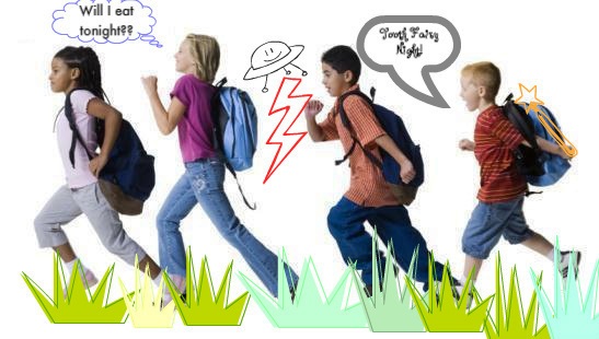 A group of children running with backpacks in a field.