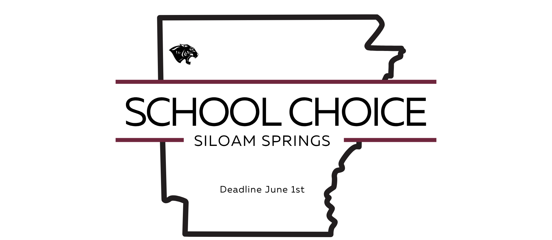 A logo for School Choice in Siloam Springs, featuring a stylized outline of a state, a red line, and text.