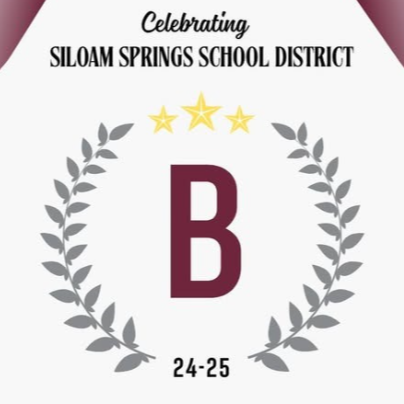 Celebrating logo for Siloam Springs School District, featuring a letter B within a laurel wreath, with three stars above it.