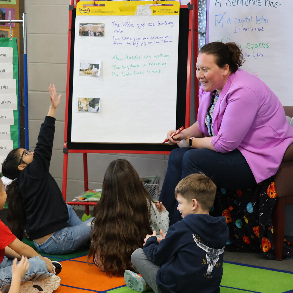 A teacher in a purple top sits on a chair, smiling, while children in colorful clothes listen.