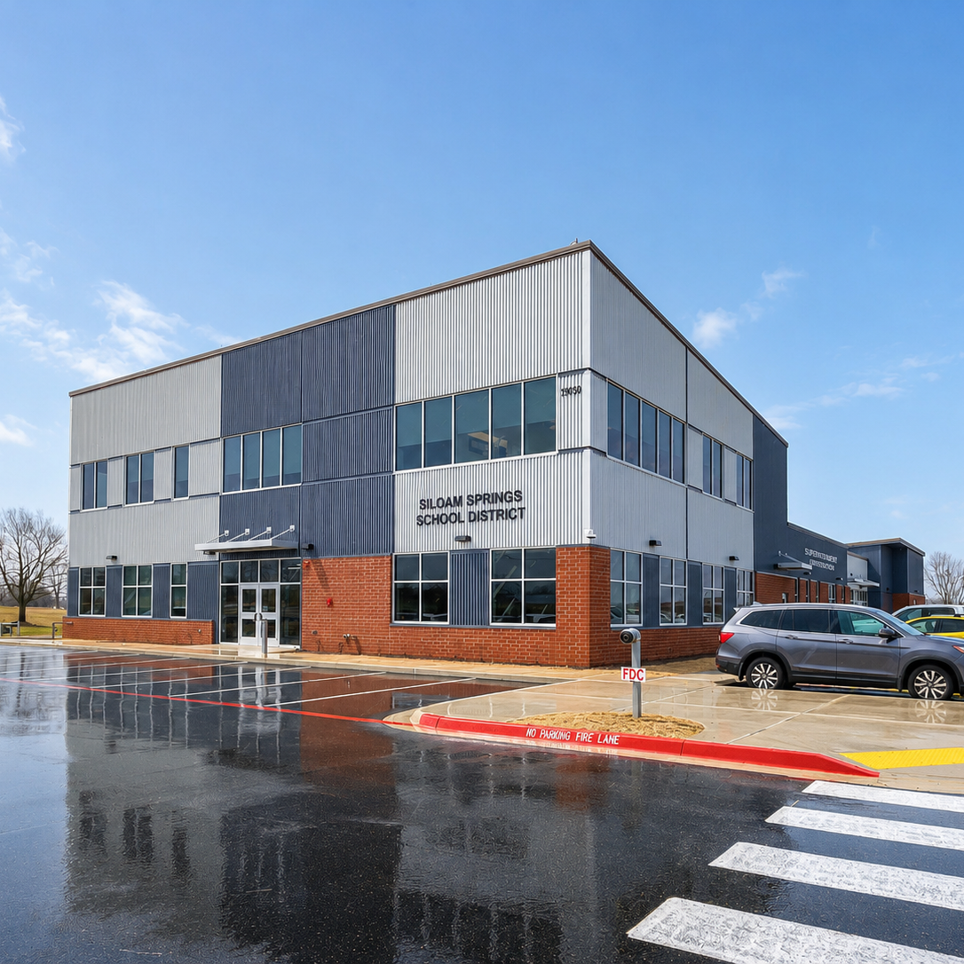 A school building with gray and brick walls, windows, and a flag. Cars are parked in front.