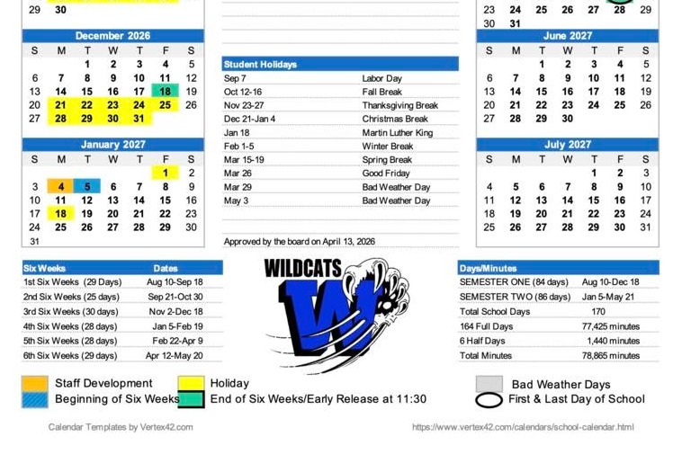 Excelsior 2026-2027 Calendar