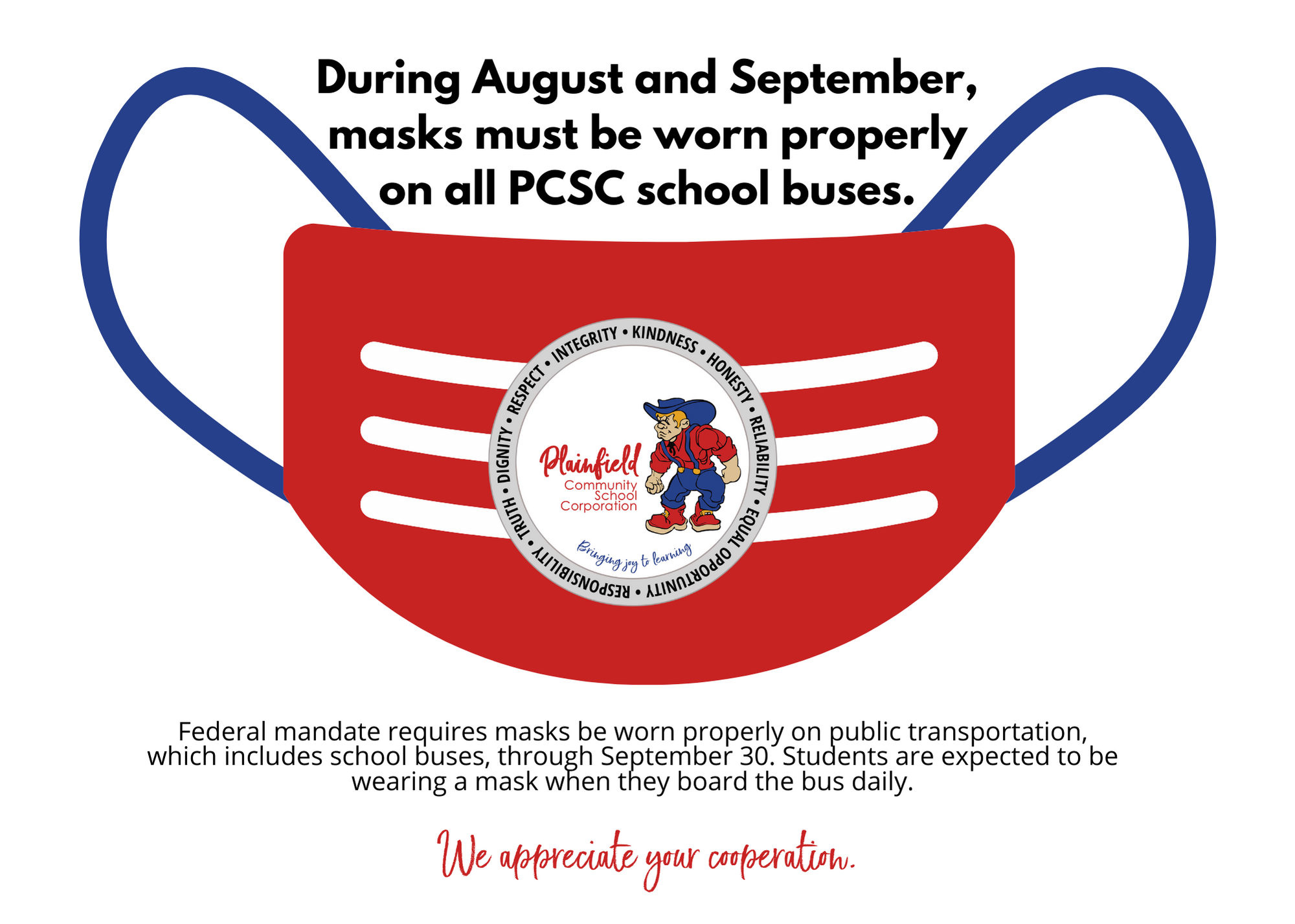 Masks are required on school buses, per federal mandate, through August and September
