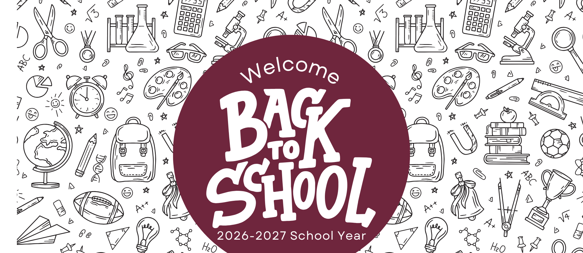 Back-to-school design for the 2026-2027 academic year, featuring icons like scissors, a globe, and a backpack.