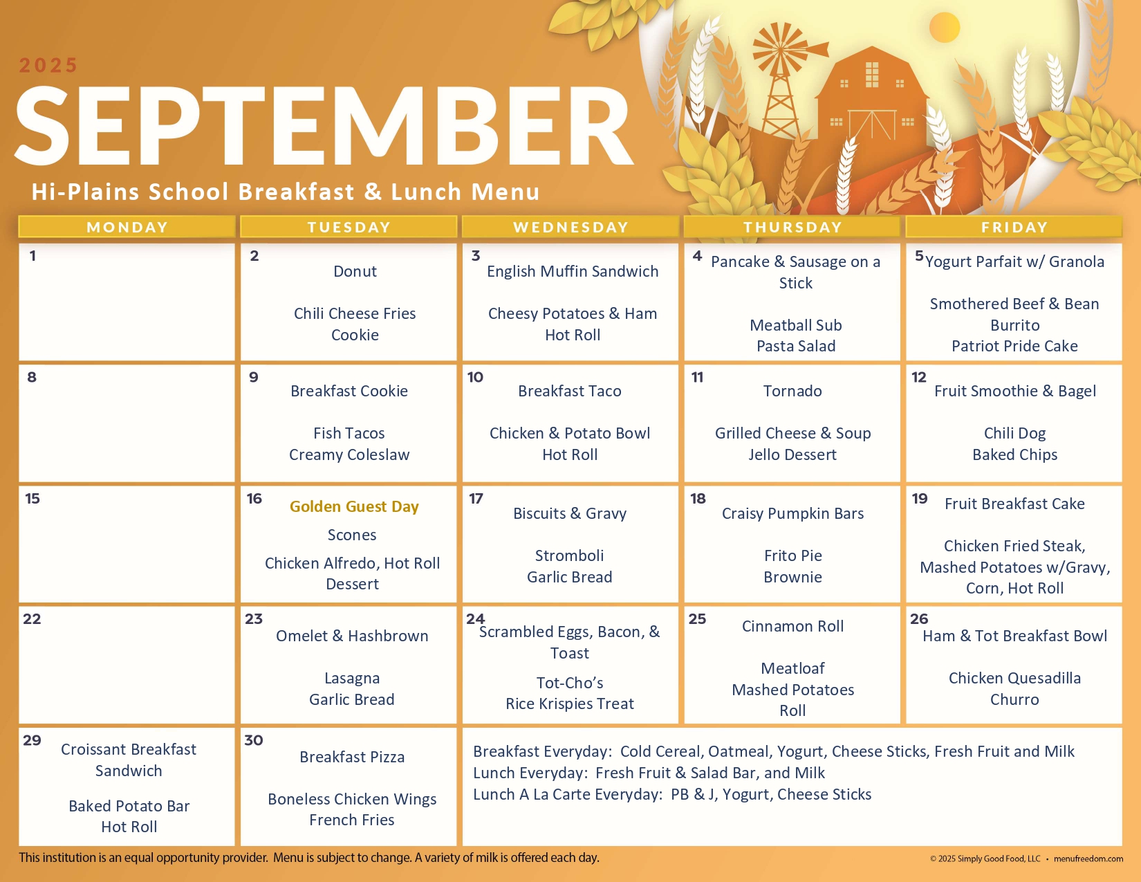September 2025 Menu