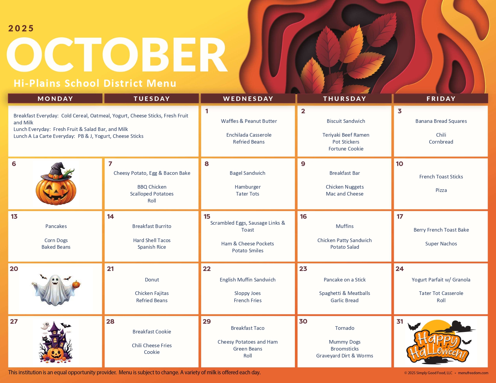 October 2025 Menu