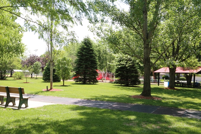 A park with benches, trees, and a picnic area