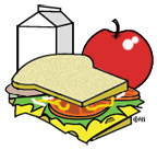 Illustration of a sandwich, apple, and carton of milk. Sandwich has bread, cheese, tomato, and lettuce.