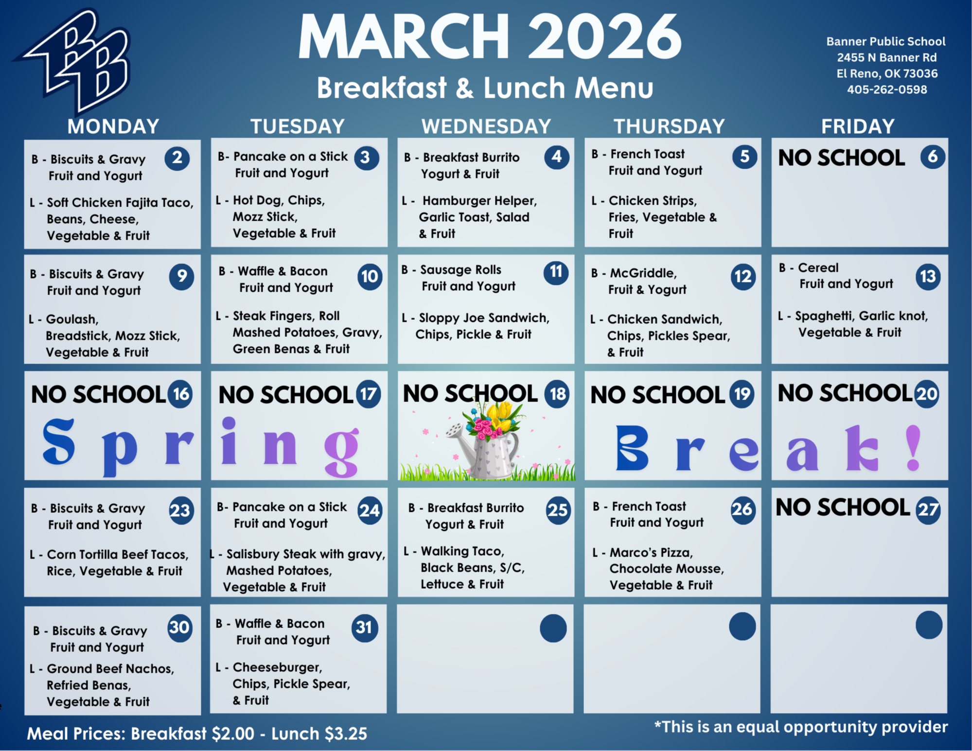A blue menu lists breakfast and lunch options for March 2026. Each day shows food items with prices. Some days indicate "No School".