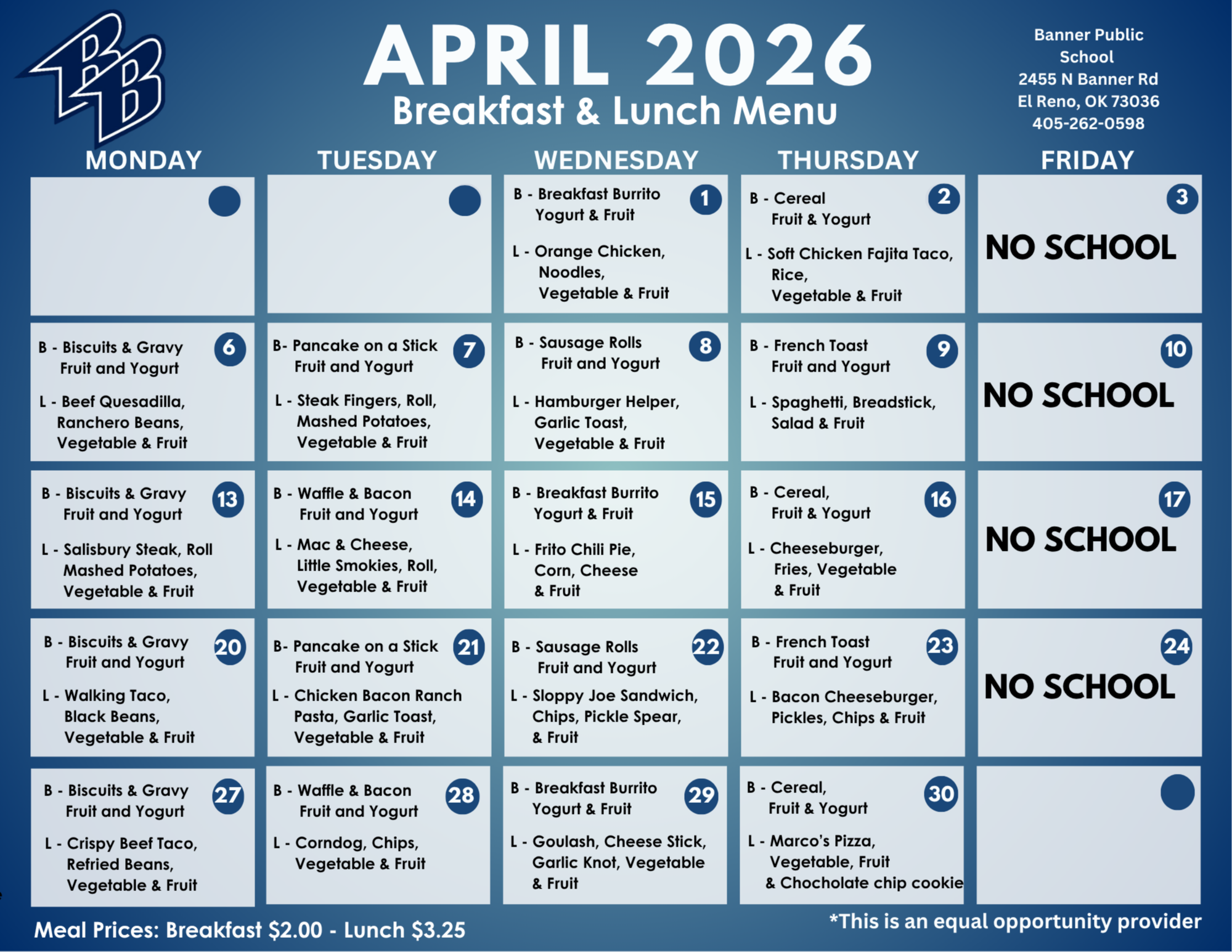 A table shows the Breakfast & Lunch menu for April 2026 with daily meal options and notes of "No School."