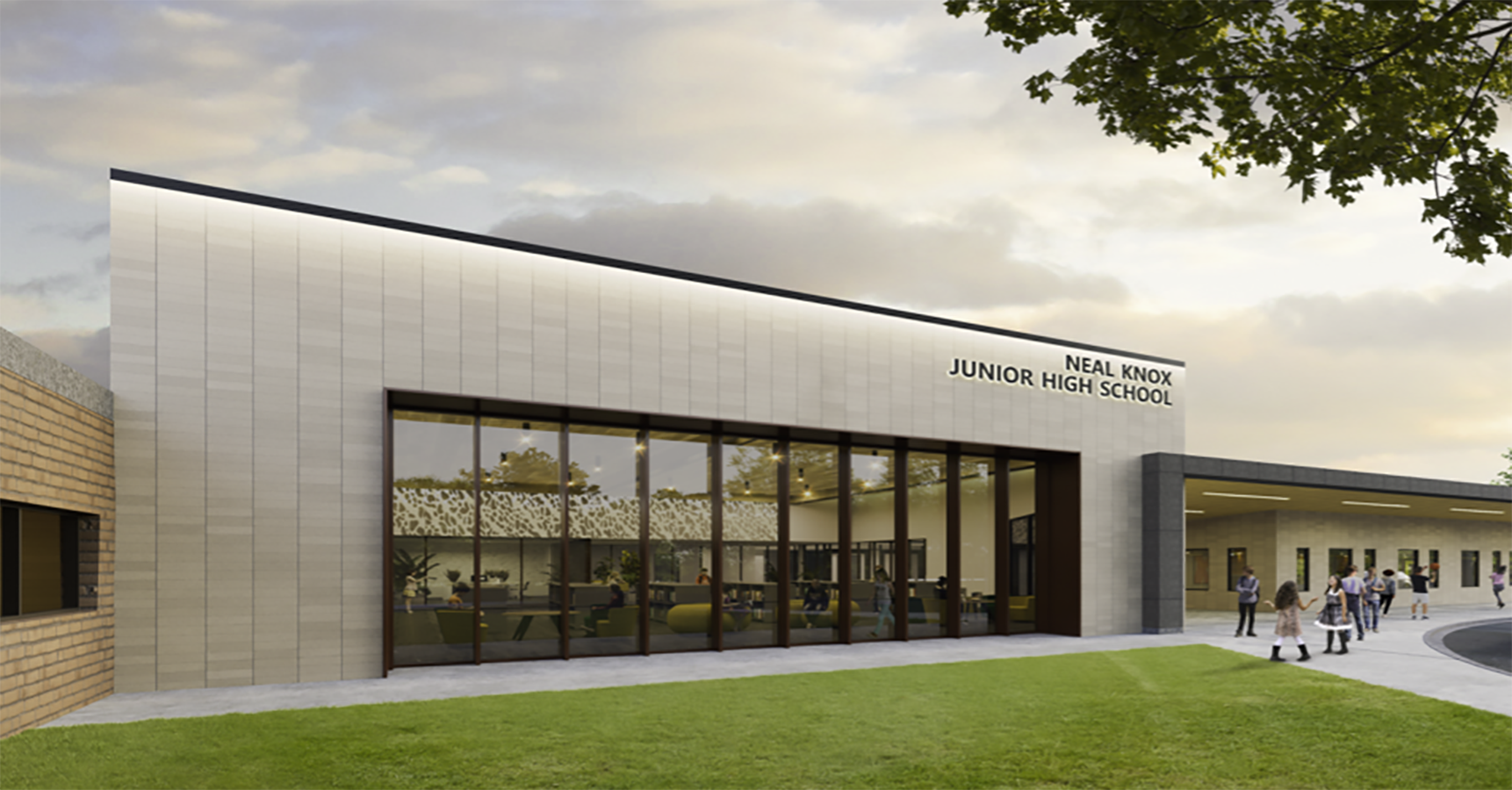 Rendering of new front of Knox Junior High from next to library.