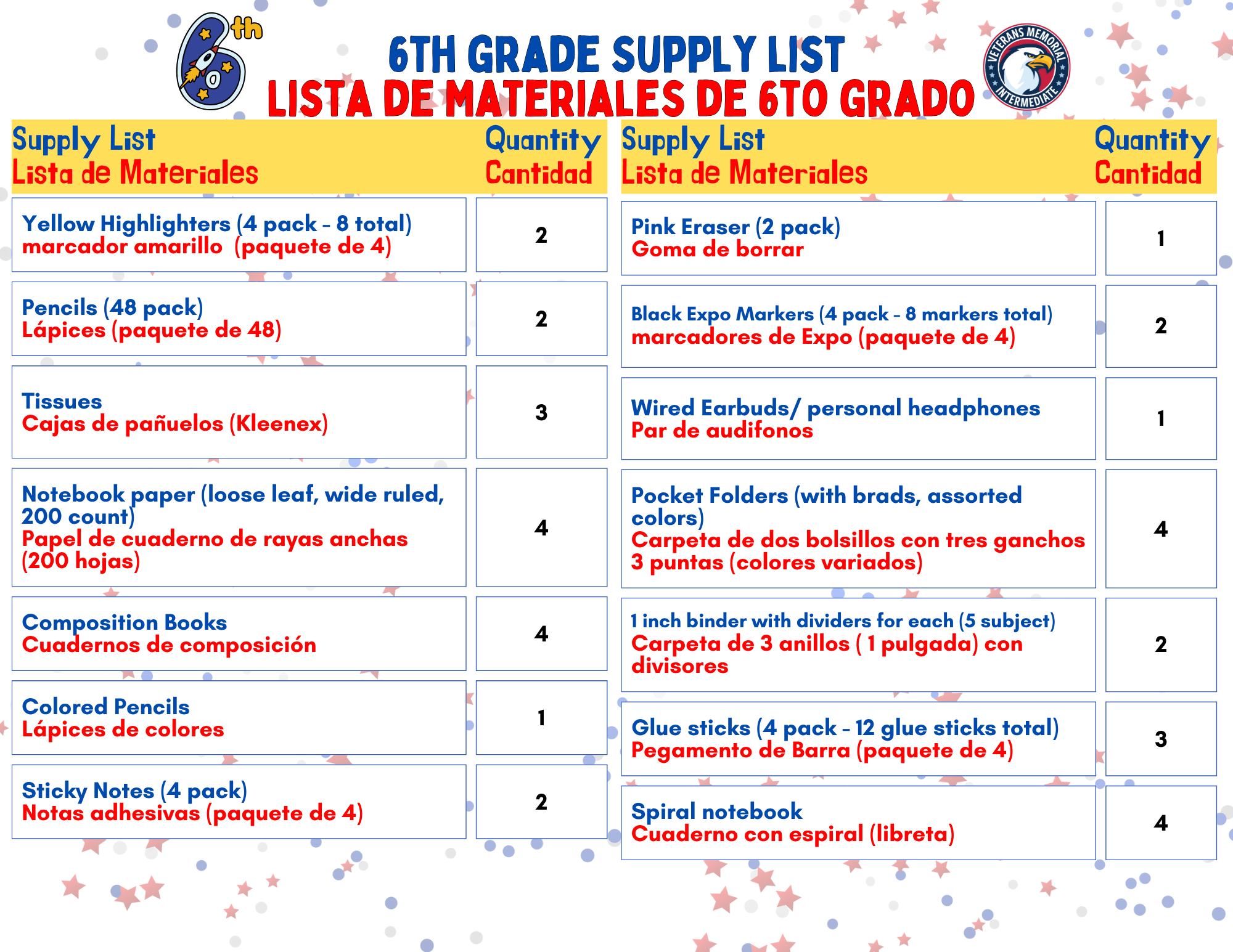 6th grade supply list