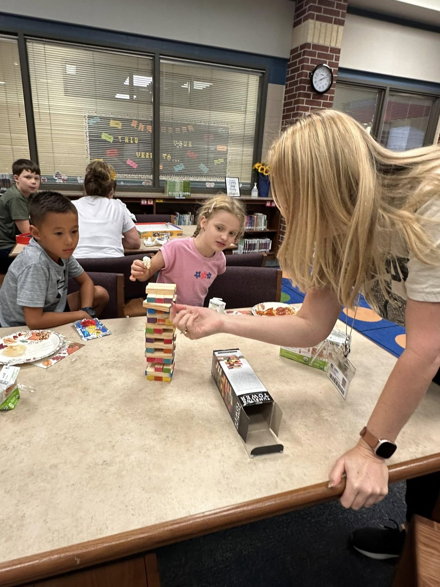 Students building a tower