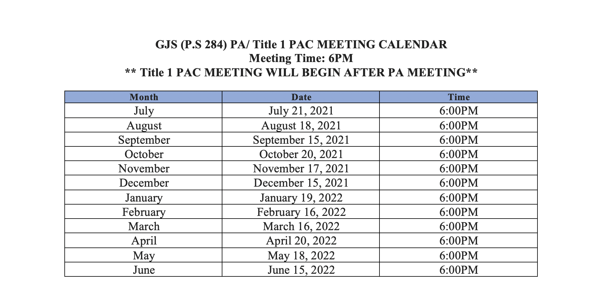 Title 1 Meeting Calendar 