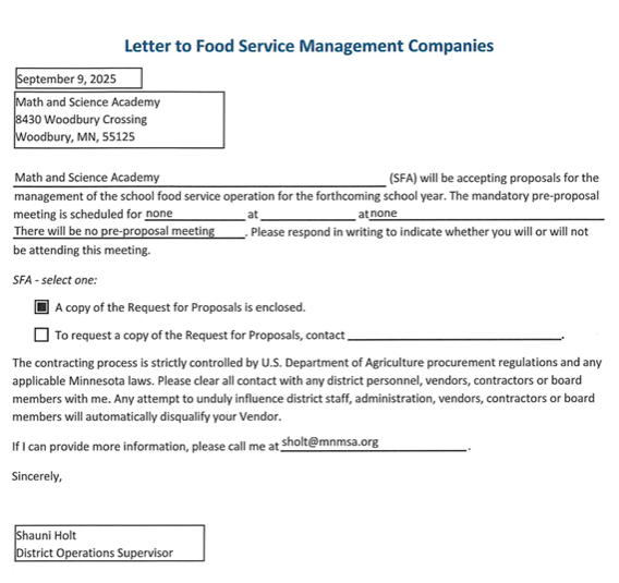 Letter to Food Service Management Companies