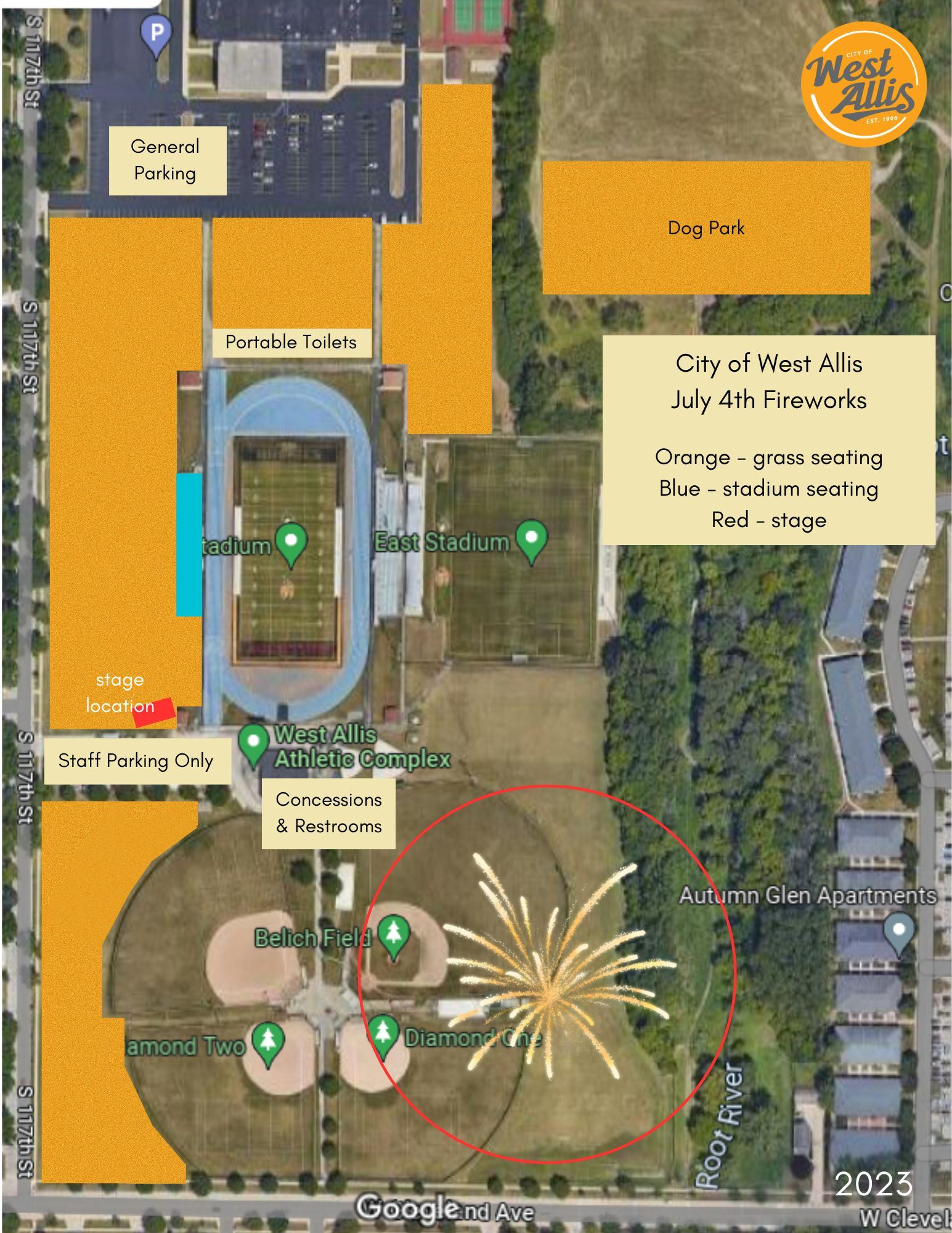 Map highlighting the location of the fireworks show in West Allis, WI, perfect for planning your visit to the event.