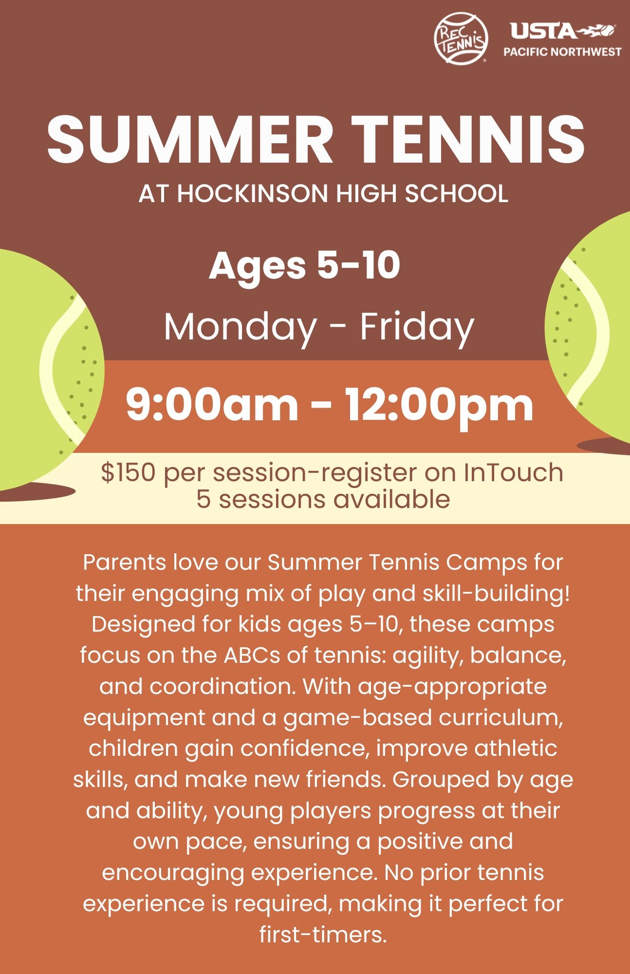 Information flier about summer tennis for kids 5-10