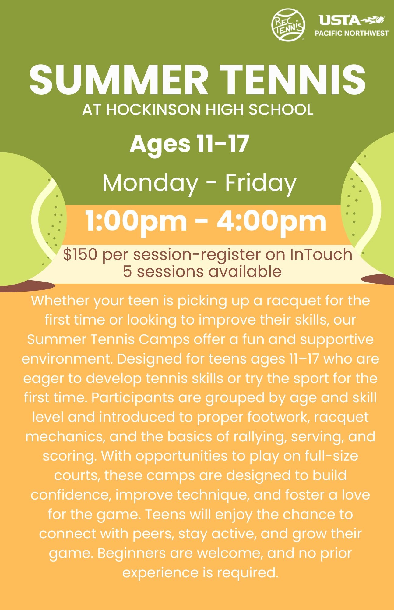 Information flier about summer tennis for kids 11-17