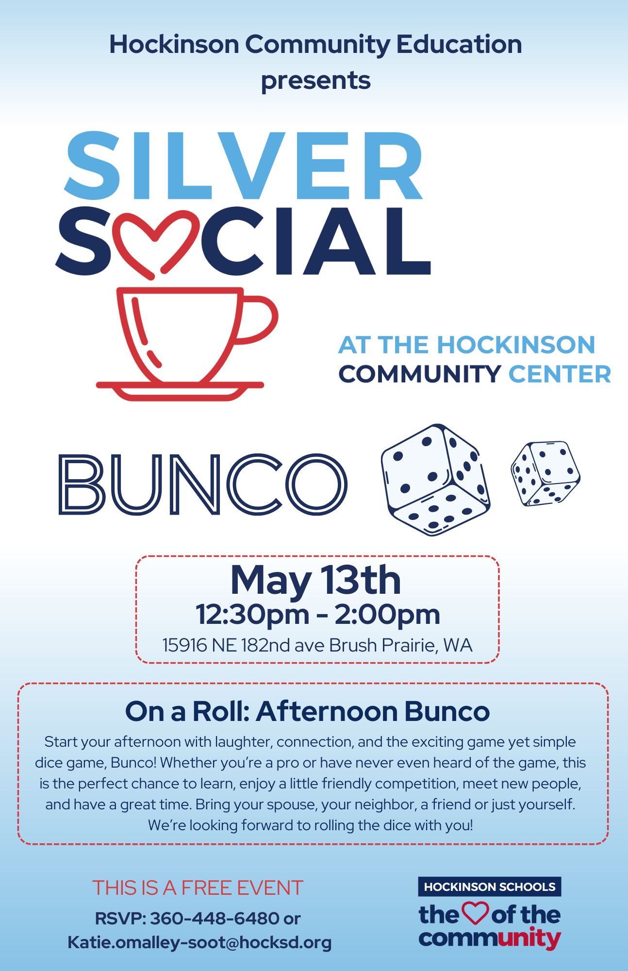 Information about Bunco for senior adults in the hockinson community hostd the second tuesday of each month at the Hockinson Community Center at 12:30-2:00pm
