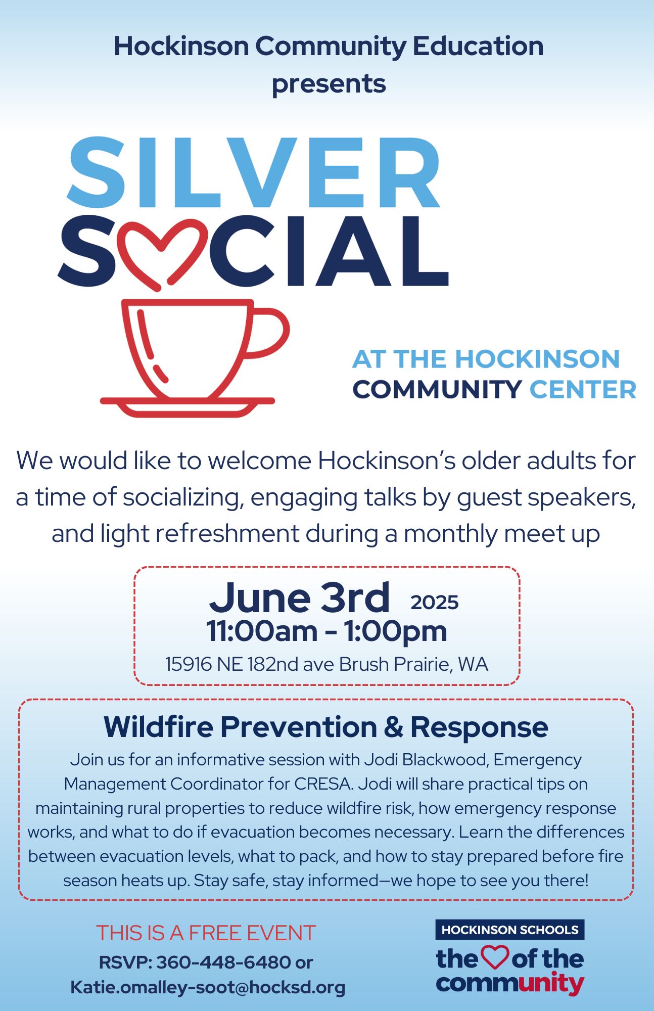 Information describing a Senior Social every first Tuesday of the month hosted at the Hockinson Community Center
