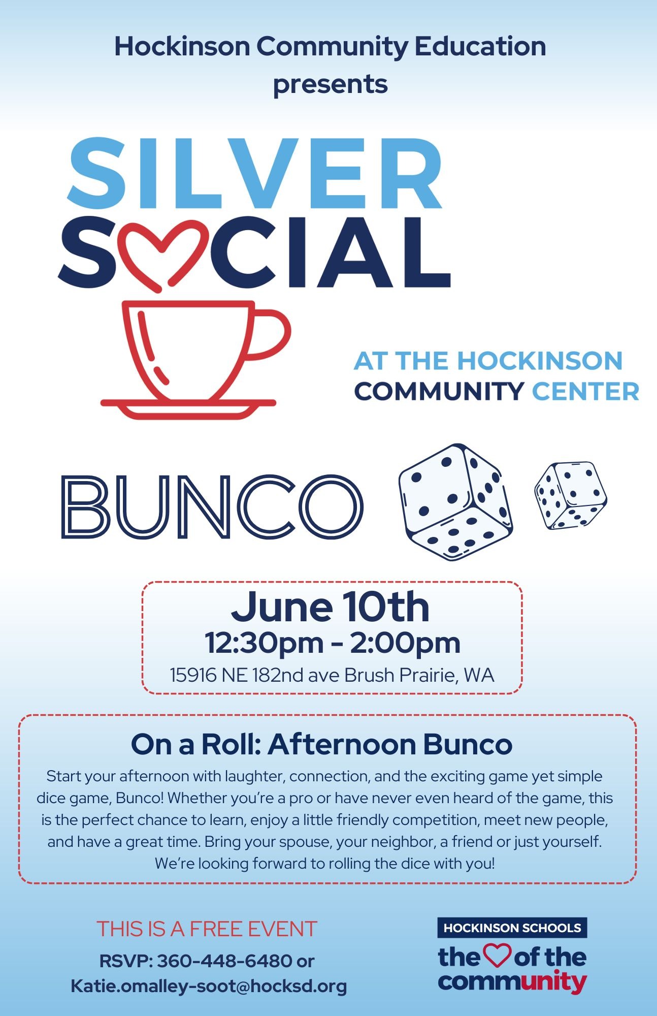 Information about Bunco for senior adults in the hockinson community hosted the second tuesday of each month at the Hockinson Community Center at 12:30-2:00pm