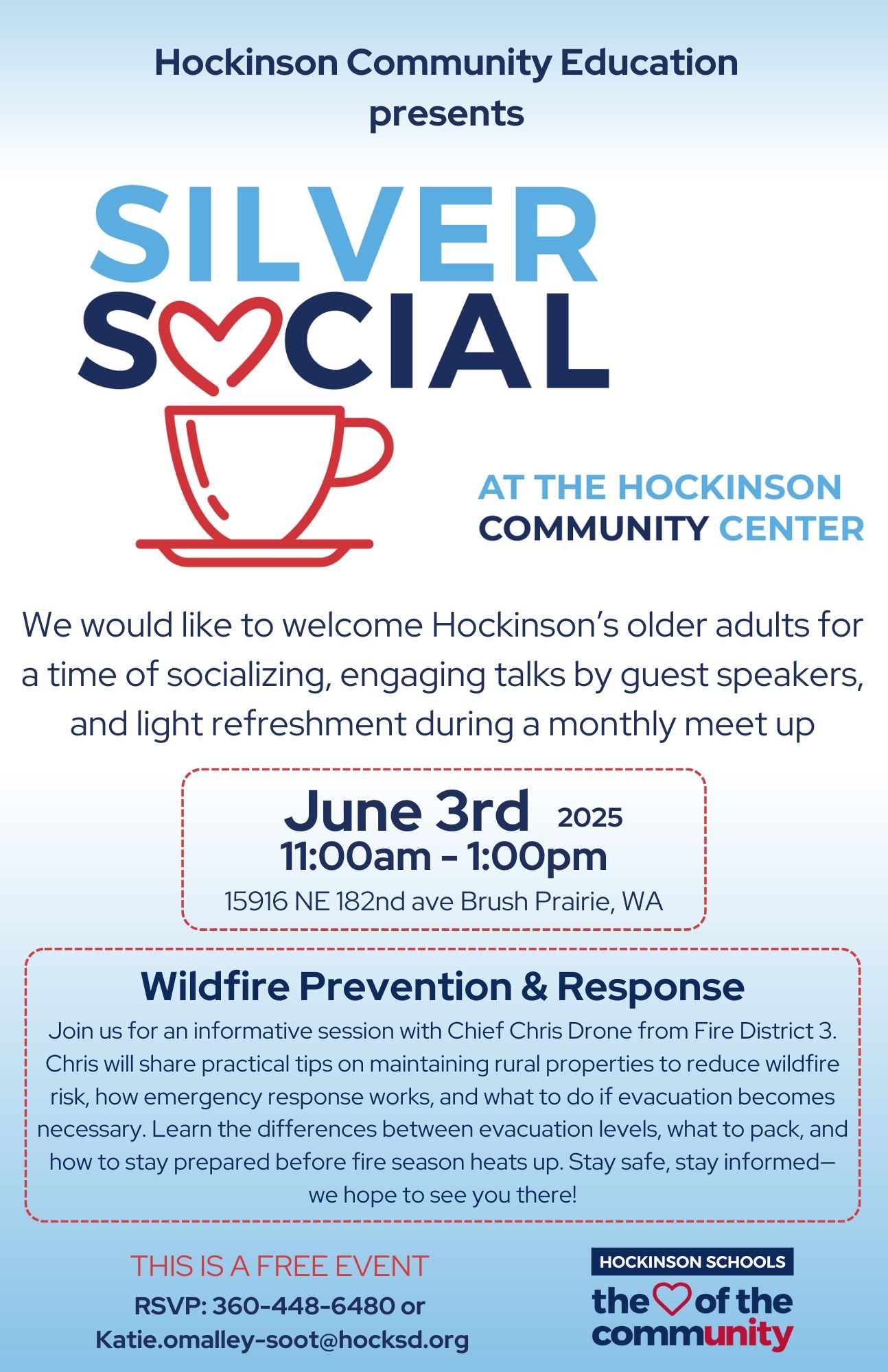 Information describing a Senior Social every first Tuesday of the month hosted at the Hockinson Community Center