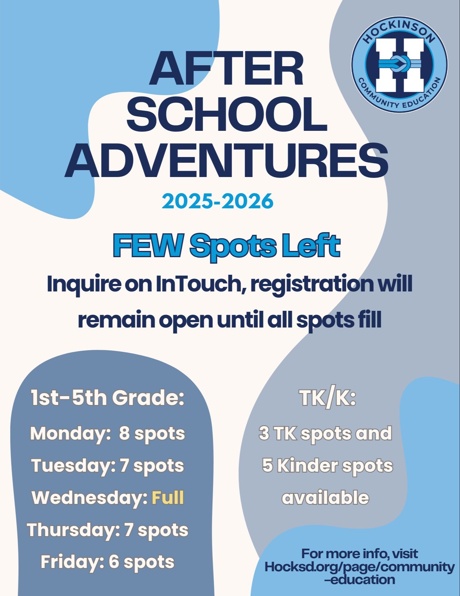 After School Adventures is opening registration on May 5th, Register on Intouch