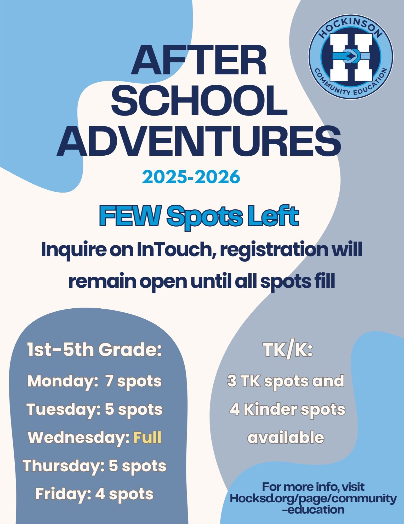 After School Adventures is opening registration on May 5th, Register on Intouch