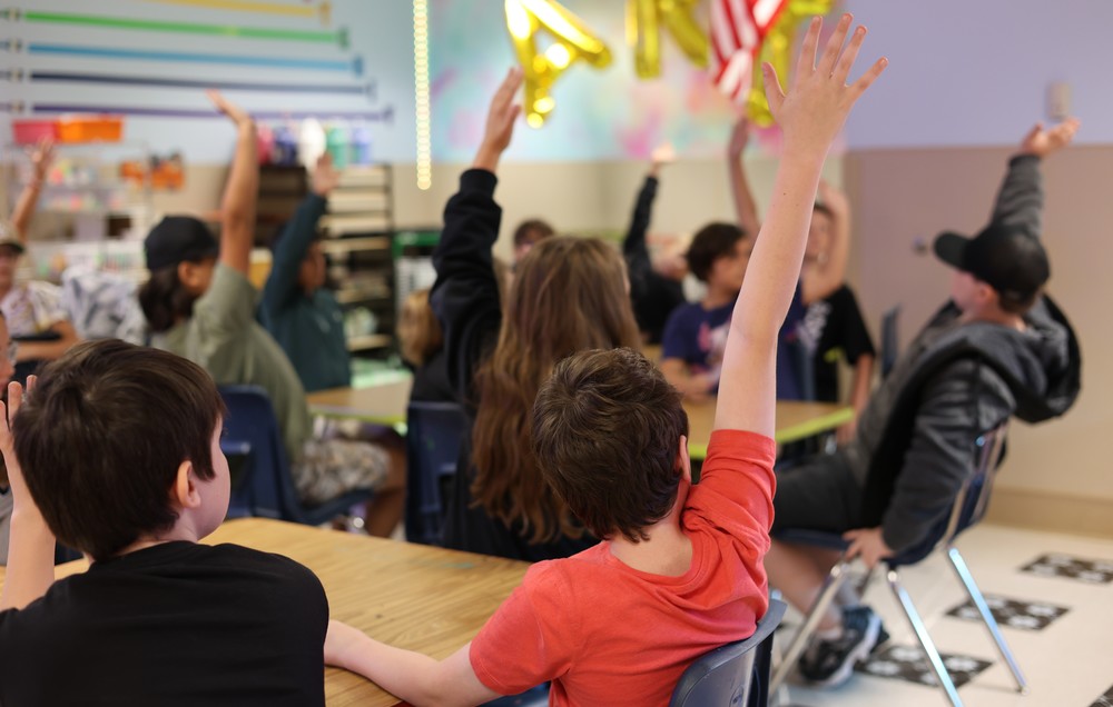 Students raising hands in school