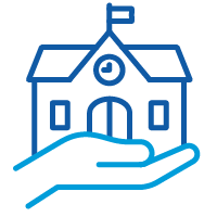 Open hand with palm facing up holds a school building