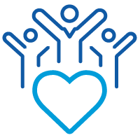 Heart illustration surrounded by the outline of three people with arms raised.
