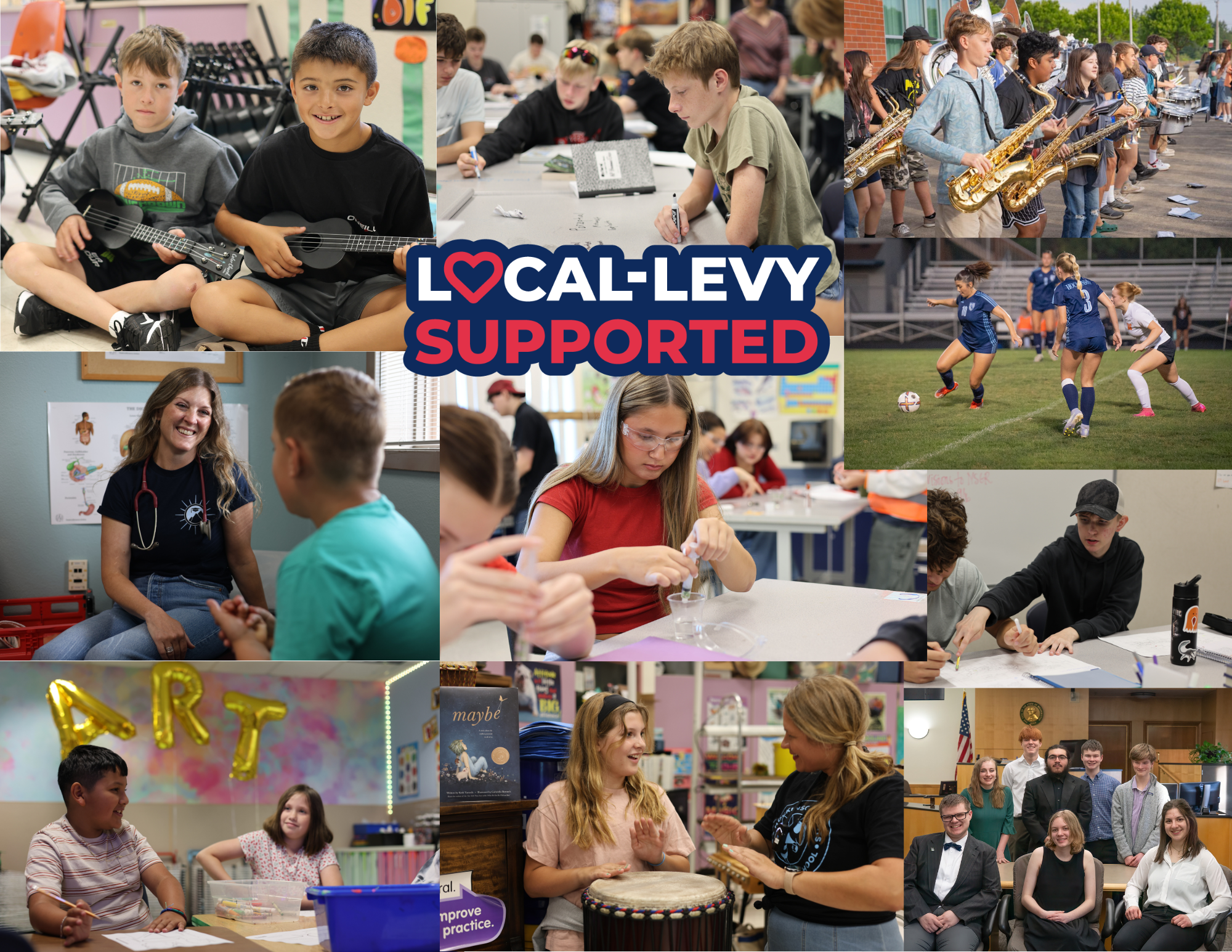 Collage of levy-supported program photos with a stamp on it that reads "Local Levy Supported"