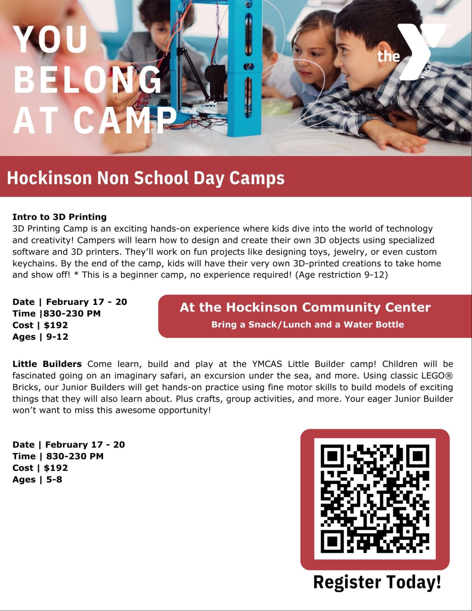 YMCA 3Dprinting club and Lego club flier at the Hockinson Community Center