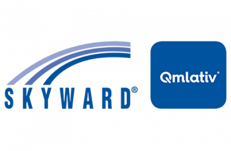 Skyward logo on left and Qmlativ logo on right