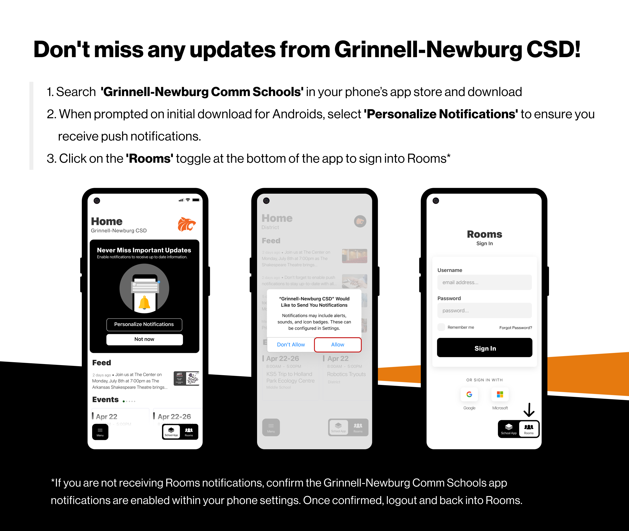 Image of a digital advertisement featuring smartphones displaying a webpage with a sign-in prompt and three options for updates. The ad shows the home screen of an iPhone with a notification of "Grinnell CSD" and another phone with a social media post image of a white dog with a red collar against a black background.