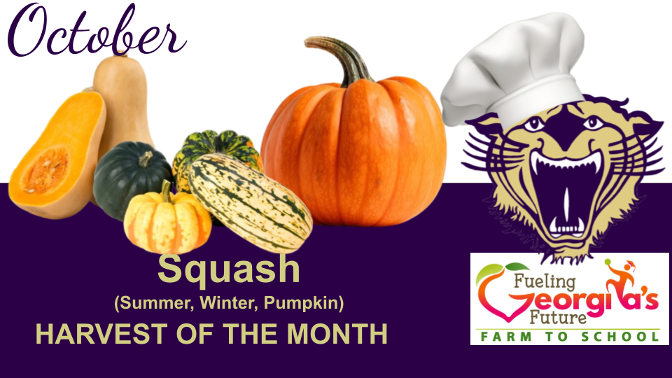 A slide showing the Harvest of the Month featuring a specific seasonal vegetable or fruit, with the tagline "Fueling Georgi’s Future" and a "Farm to School" logo.