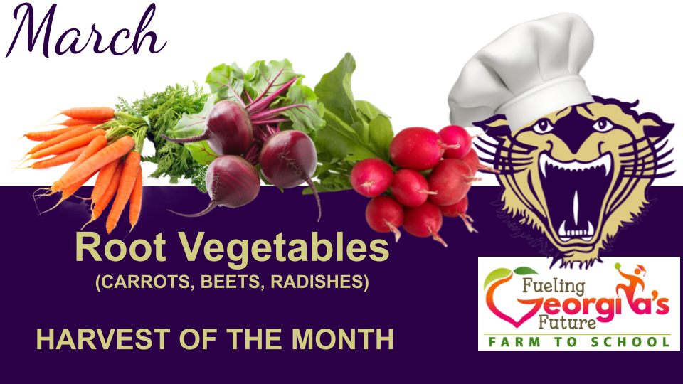 A slide showing the Harvest of the Month featuring a specific seasonal vegetable or fruit, with the tagline "Fueling Georgi’s Future" and a "Farm to School" logo.