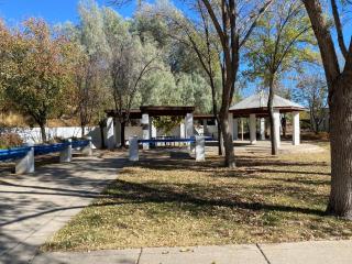 Scenic park setting with benches and trees.